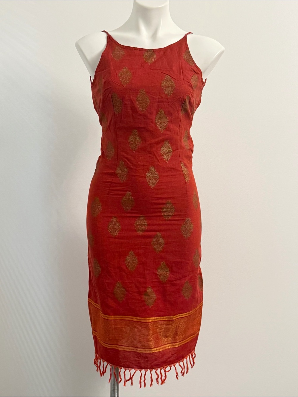 Free People Rust Orange Midi Dress w/Gold Motif & Tassels - Picture 1 of 6